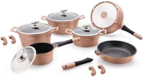 Royalty Line - RL-ES1014M - Lot de 14 casseroles et poêles en pierre de lave avec couvercle, pour une utilisation professionnelle et domestique Cuivre