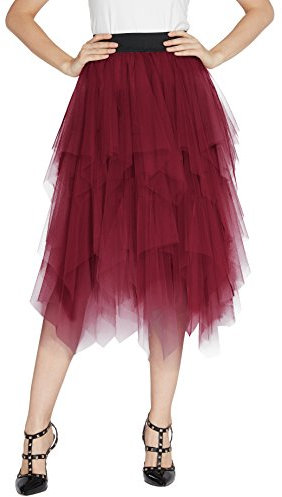 Urban GoCo Mujeres Enagua Falda Corta Midi Tul Damas Cintura Elástica Asimetricas Tutu Falda para Fiesta Danza (M, Vino Rojo)