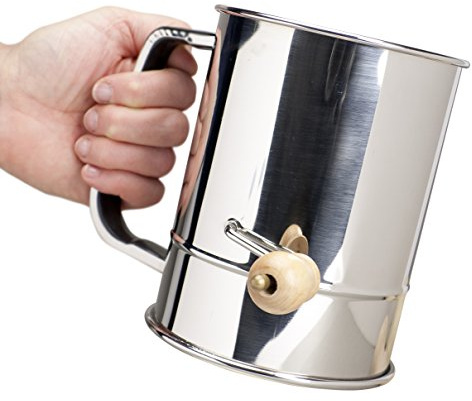 Stainless Steel Hand-Crank Flour Sifter - Generous 5 Cup Capacity - 4-Wire Agitator - Fine Mesh Sieve - Traditional Polished-Finish Design - Lightweight And Strong Icing Sugar Aerator/Grinder/Shaker