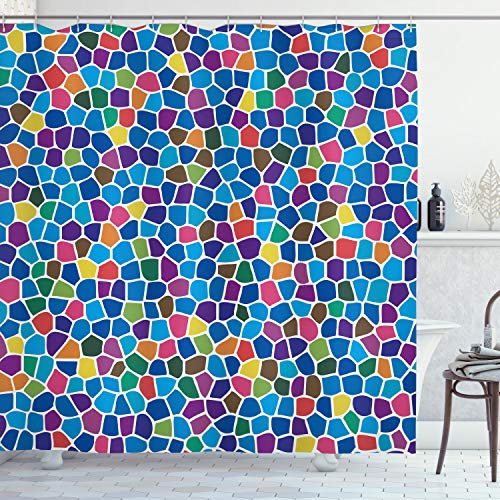 ABAKUHAUS Modern Duschvorhang, Vivid Mosaik-Entwurf, Stoffliches Gewebe Badezimmerdekorationsset mit Haken, 175 x 200 cm, Meerblau Mehrfarbig