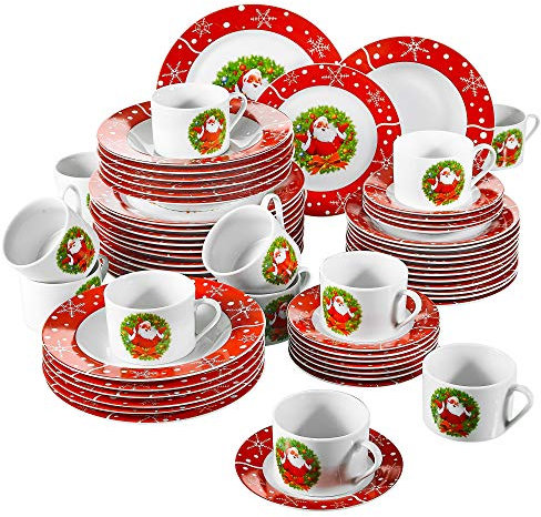 VEWEET, Serie SANTACLAUS, 60-teiliges Porzellan Weihnachtsgeschirr Set für 12 Personen, Kaffeeservice für 12 Speiseteller, 12 Dessertteller, 12 Suppenteller, 12 Kaffeetassen und 12 Untertassen