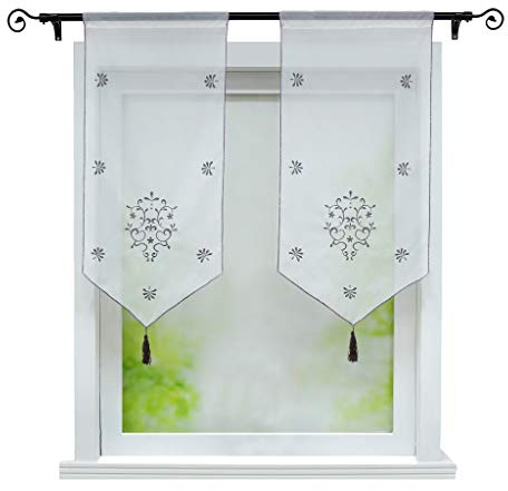 Joyswahl Scheibengardine Voile Bistrogardinen mit Quaste, Stickerei Blumenmotiv Erna Kurzstore mit Tunnelzug BxH 40x60cm Grau 1er Pack