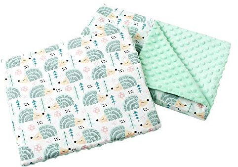 Medi Partners Babydecke Krabbeldecke mit Kissen 100% Baumwolle Minky Kinderdecke 55x75 + 35x30cm multifunktional für Kinderwagen Babyschale Wiege (Minze Igel mit minzer Minky)
