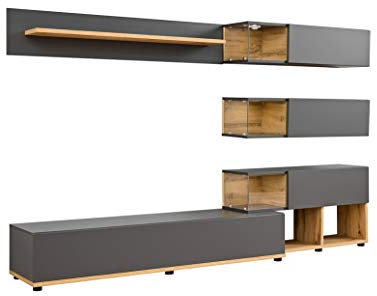 MB Muebles Bonitos, Ensemble de Meubles de Salon Odin avec Cheminée à Bioéthanol, Design Modulaire Moderne, Couleur Gris et Chêne, Longueur 240 cm
