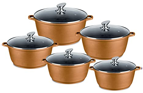 SQ Professional NEA Die-Cast Aluminium Stockpot 5pc Set with Lid Non-Stick Coating (Cuprum)
