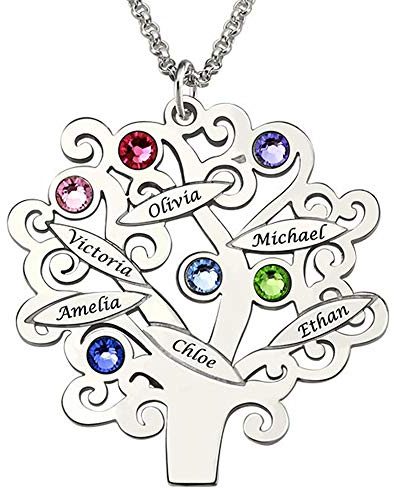 Bo&Pao Collana con albero della vita con nome, in argento Sterling 925, con incisione, collana personalizzata con albero genealogico, Argento sterling Zirconia cubica, Zirconia cubica