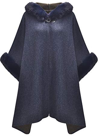 ZLYC Damen Winter Umhang Strickjacke Warm Kunstpelz Mäntel Poncho Cape mit Kapuze(Navy),Einheitsgröße