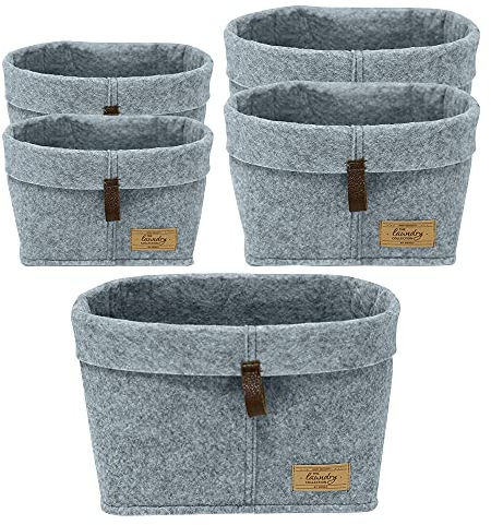 WENKO Filz-Korb Feli, 5er Set, Verwahrungsboxen mit hochschlagbarer Krempe für die Schublade in skandinavischem Design, ideal für Küche, Diele oder Bad, gefertigt aus 100% Polyester, S, M und L, Grau
