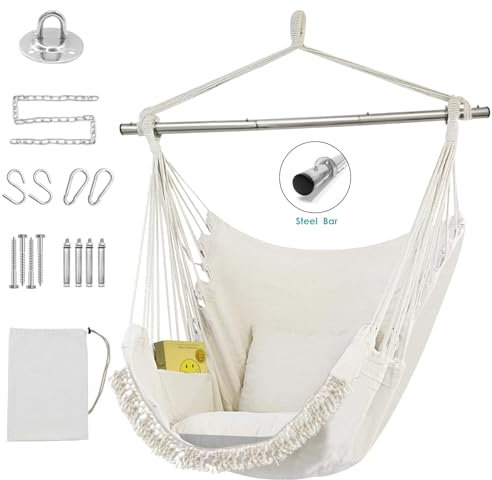 Balançoire à suspendre, barre de support amovible en acier de 226,8 kg, tissu en coton tissé, balançoire suspendue, 2 coussins doux inclus, parfait pour l'intérieur et l'extérieur, pratique et durable