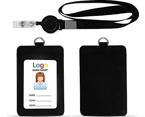 HYCOPROT Ausweishüllen PU Leder Mit 1 Ausweisfenster und 1 Kartensteckplatz Ausweisjojo Mit Schlüsselring Clip und Karabinerhaken Id Kartenhalter Für Office Business Student (Schwarz, Vertikal)