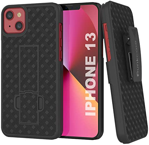 PunkCase iPhone 13 Holster Belt Clip Case W/Screen Protector & Built-in Kickstand | Dual Layer Hybrid TPU 360 Full Body Protection [Thin Fit] for Apple iPhone 13 (6.1) (2021) [Black]