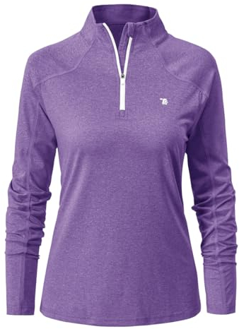donhobo Damen Sport Shirt Langarm T-Shirt Schnelltrocknend Gym Yoga Fitness Training Laufshirt mit 1/4 Reißverschluss (Violett, M)