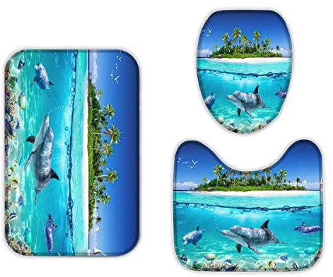 RLYXGS Das Meer Badezimmermatten und Teppiche 3-Teiligs Set Delfin Flanell Memory Foam rutschfeste Matten und Badteppich,Ozean Toilettendeckelabdeckung,Badvorleger Badgarnitur WC Vorleger