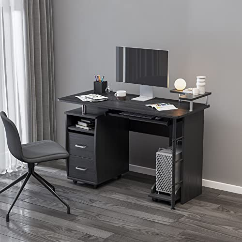 VERYKE Computer Desk with 2 Drawers Home Writing Study Table Solid Wood Office Work Table W/PC Droller, Storage Shelves & CPU Tray,A Shelf Used for Planting 47 in Modern Gaming Table(Black)