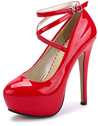 Womens High Heel Ankle Strap Platform Pump Wedding Evening Party Court Shoes PU Red Tag 43-UK 7.5