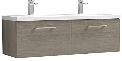 nuie Modern Bathroom Wall Hung 2 Drawer Double Vanity Unit with Twin Ceramic Basin, Solace Oak, 1200mm