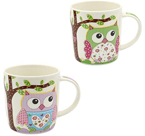 Dekohelden24 2er Set Kaffeebecher Kaffeetasse aus Porzellan - Motiv: Bunte Eulen in grün - lila - Größe H/Ø: 9,5 x 8,5 cm, Fassungsvermögen 350ml, spülmaschinengeeignet