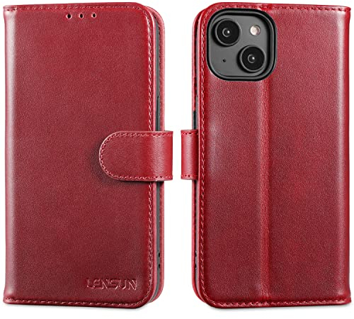 LENSUN Echtleder Hülle für iPhone 14, Handyhülle Echt Leder [Magnetverschluss][RFID Schutz] Handytasche Lederhülle Kompatibel mit iPhone 14 5G(6,1) - Weinrot