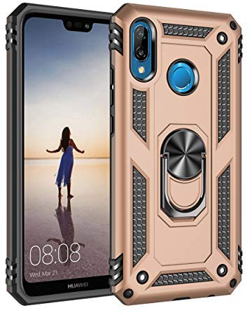 yanzi Kompatibel mit Huawei P20 Lite/Nova 3e Smartphone Hülle(Gold)+3D Displayschutzfolie[Militär-Stoßfeste]-[Ständer] Schutzhülle Rugged Kratzfest Bumper Handyhülle für Huawei P20 Lite-2018