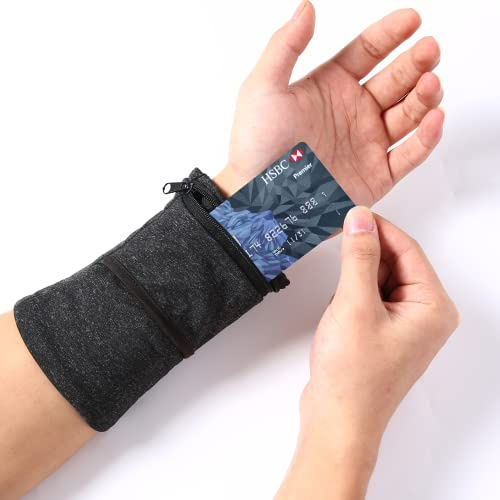 Pochette de poignet, bracelet de sport avec fermeture éclair pour course à pied, cyclisme, randonnée, yoga, marche et plus encore (noir foncé, taille L)