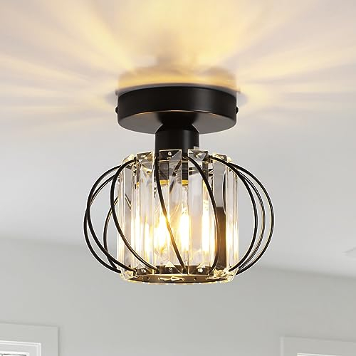FORCOSO Crystal Ceiling Lights Fixtures, Modern Chandeliers Semi Flush Ceiling Lighting Fittings, Black Light Shade Metal Hallway Lights Ceiling for Kitchen Dining Rooms Living Rooms Bar Bedroom