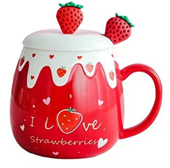 Coffee Mug Cups Ceramic Tea Cup Fruits Strawberry Shaped Handmade Cute Mugs With Lid Spoon Handle Office Home Hot Ice Chocolate Milk Mugs Gift Microwave Dishwasher Safe Travel Mugs (Strawberry)