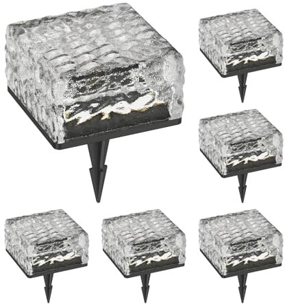 ledscom.de 6 Stück LED Solar-Pflasterstein Bodeneinbauleuchte BROSLO mit Erdspieß für außen, Glas, 10 x 10cm, warmweiß