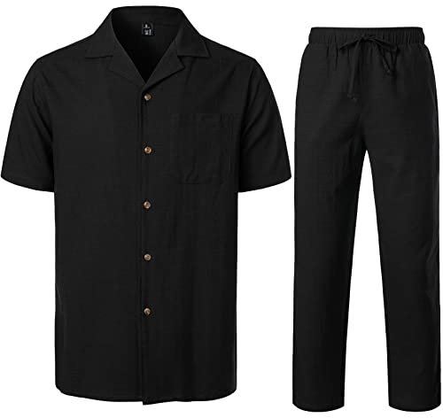 LucMatton 2-teiliges lässiges Leinen-Outfit für Herren, Sommer, kubanischer Kragen, Wanderanzüge für Strandurlaub, Schwarz , S