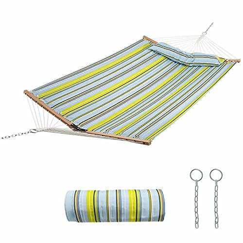 KOMFOTTEU Hängematte mit abnehmbarem Kissen, Spreizstangen aus Buchenholz, Hängeliege bis zu 150 kg belastbar für Terrasse Balkon, 191 cm x 141 cm(L x B) (Hellblau + Gelb)