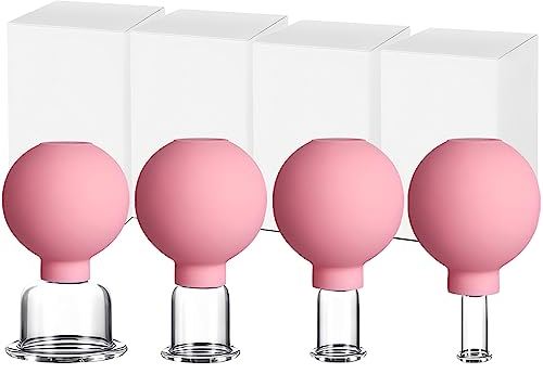 Lot de 4 Ventouses en Verre Véritable avec Voule D'aspiration en Silicone, Ventouse Massage pour le Visage Contre la Tension et la Cellulite, 4 Tailles Convient pour Tout Corps