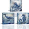 Piy Painting Blau Kunstdrücke auf Leinwand Meerestiere Tiere Leinwandbild Seepferdchen, Oktopus, Wal Wandbilder Set mit Innenrahmen für Spielzimmer Korridor Badezimmer 3X 30x30cm