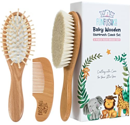 Funfushka Baby Wooden Hair Brush and Comb Set for Newborn Toddler - Natural HairBrush with Soft Goat Bristle for Girl and Boy, Perfect for Cradle Cap