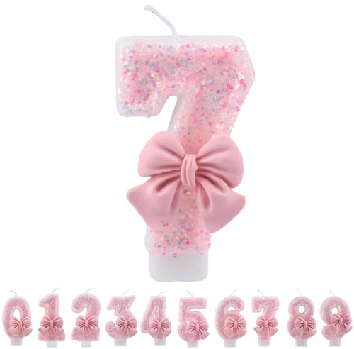 ALLAVA Kerzen Geburtstag 7, Geburtstagskerzen Zahlen Mädchen, Glitzernde Kerze 7, Geburtstagskerzen für Kinder, Erwachsene,Geburtstagsfeier, Jubiläum, Meilenstein (7,5cm, Rosa)