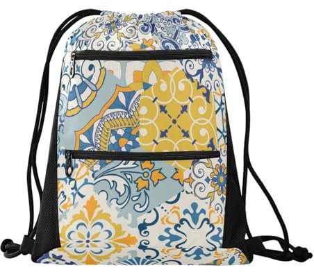 FRODOTGV Bunter Majolica Gaudi Rucksack mit Kordelzug, Outdoor-Tasche, Sport, Schwimmsack mit Netztaschen, Buntes Majolika-Gaudi, Einheitsgröße