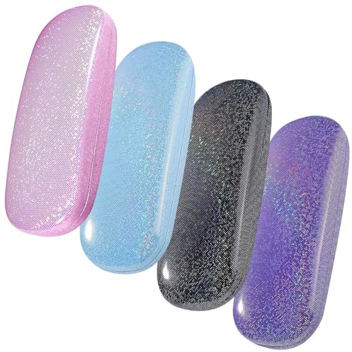 GOIEHIR 4 Stück Brillenetui Hardcase, Kratzfeste Brillenbox, Funkeln Brillenetui, Geeignet für Damen und Herren, für die Meisten Brillen und Sonnenbrillen (Rosa, Weiß, Blau, Lila)