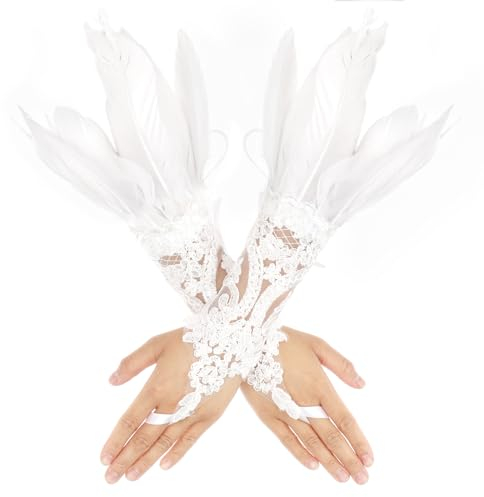 Yolev Feder Fingerlose Handschuhe Damen Lange Spitzenhandschuhe Weiß Abschlussball Party Handschuhe Karneval Feder Hexe Weibliche Schwan Kostüm Federhandschuh für Halloween Maskenpartys