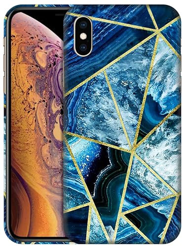 GlamCase for iPhone X/XS, iPhone X/XS Case - Geometric Marble Blue Design Printed Slim Fit Cute Plastic Hard Snap on Protective Designer Back Phone Case/Cover for iPhone X/XS