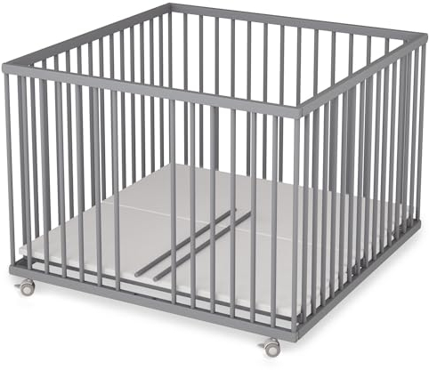 Sämann Laufstall Baby 100x100 cm mit Matratze SleepPlus und 3 Schlupfsprossen| TÜV geprüft 2024 | stufenlos höhenverstellbar | Laufgitter Premium | Babybett aus Holz | Krabbelgitter grau