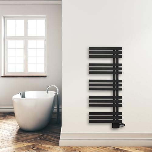 Design Badheizkörper Paneel mit Anschluss links oder rechts | Heizkörper mit versetztem Mittelanschluss (Schwarz, 1200 x 500 mm)