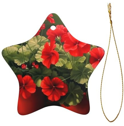 Colgante de Navidad de geranios rojos, material de cerámica, exquisita forma de estrella de cinco puntas, colgante de ambiente, decoración de árbol de Navidad