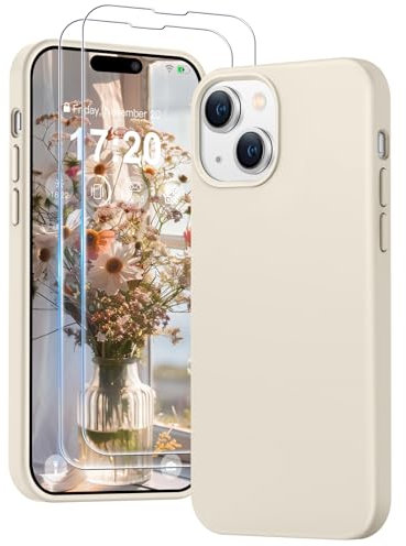 PuyaTeya 3 in 1 Hülle für iPhone 15, mit 2 Stück 9H Panzerglas Premium Liquid Silikon Hülle, mit 4-Layer stoßfesteabriebfestes, Soft Mikrofaserfutter Kratzfes Schutzhülle für iPhone 15(Beige)