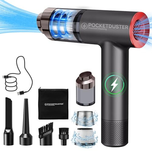 POCKETDUSTER 2-in-1 Compressed Air Duster and Mini Vacuum Cleaner with 100000 High RPM Powerful Brushless Motor for Desktop, Keyboards, Laptop, Dryer, Electronics