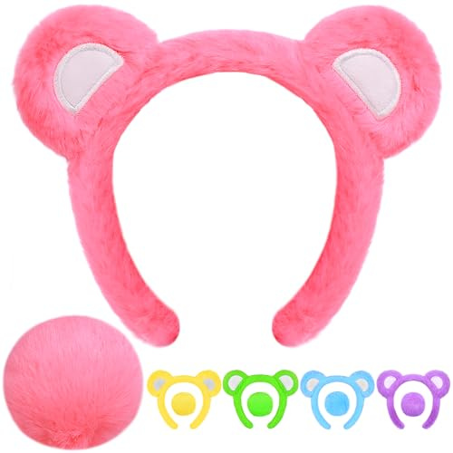 MUKOSEL Ensemble bandeau et queue à oreilles d'ours pour adulte, femme et homme, couvre-chef pour fête d'Halloween (rose 2)