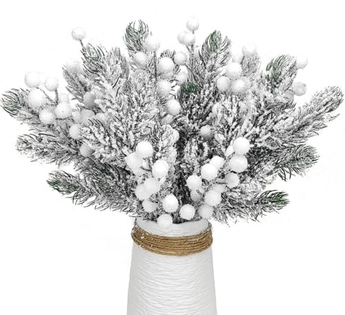 KKSTY 24pcs Artificial Snowy Pine Branches Berry Stems Set, Christmas Flocked Pine Sprigs Frosted Holly Berries Picks for Xmas Wreath Making Crafts Vase Filler Home Decoration (White)