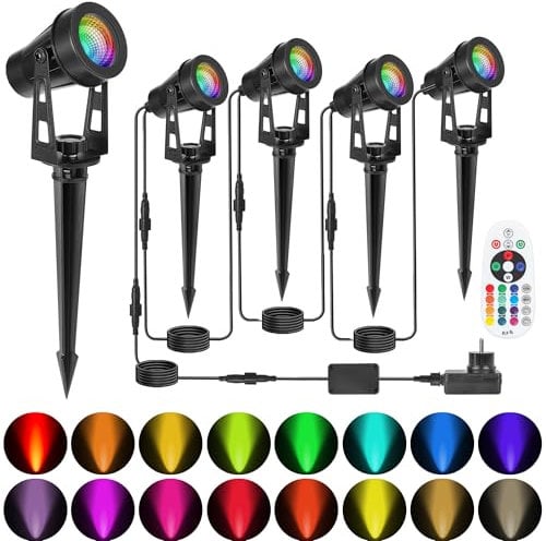 HUAEU RGB LED Gartenbeleuchtung,14M 4er Set Gartenstrahler mit Erdspieß, IP65 Wasserdicht, 16 Farben ,Außenbeleuchtung für Garten, Hof, Party, Bäume,Gartenlampe Kabel Stecker, Strahler Außen12V