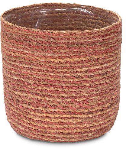Decorasian Pot de fleurs en jonc de mer - Pot tressé - Panier décoratif avec insert en film plastique de style bohème - Naturel/rose - 21 cm