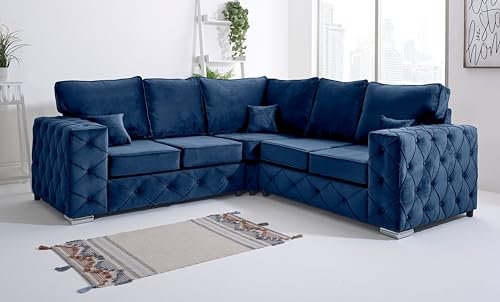 Sofahub Milton Blue Plush Velvet Living Room Sofa Set - Button Tufted Design with Foam Seats & Chrome Feet | 2 Seater, 3 Seater, 3+2 & Corner Sofa Options - Fullback Sofa (Blue, Corner Sofa)