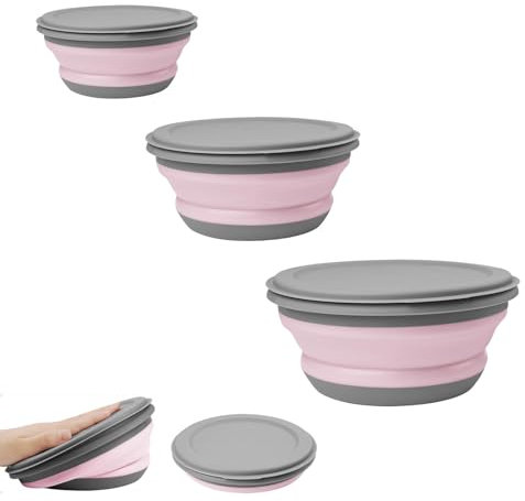 ANYUANKW 3 Pièces Bol Pliable Camping Saladiers Pliables avec Couvercle Bols à Vaisselle Pliables pour Cuisine Camping en Plein Air De Randonnée (Rose)