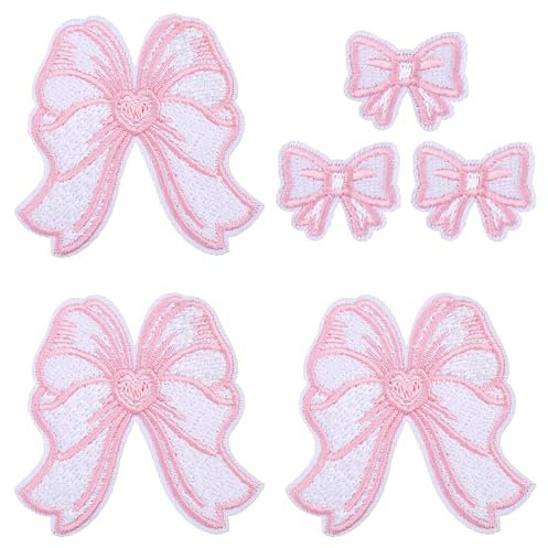 6pcs Bow Patches, Cute Pink Iron on Patches Self-Adhesive Bow Sew on Patch Sticker Bow-Knot Embroidery Appliques for Hats Bags Clothing Jacket Jeans
