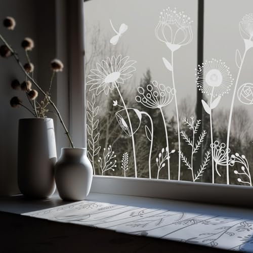Neukids Pure White Meadows Fensterfolie Blumen,Flowers Fensterfolie Selbstklebend Glastüren Aufkleber,Fensterfolien Kinderzimmer Schlafzimmer Küche Bad Fenstersticker Fensterdeko,150X39cm